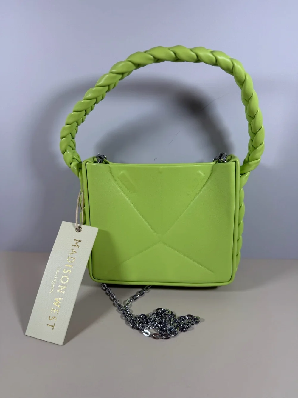 Madison West Lime Green Braided Handle Shoulder Bag with Chain Strap